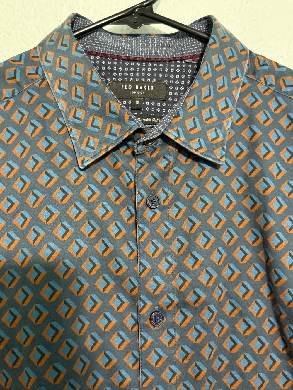 Ted Baker London Men’s Size 5 Large Blue Brown Geometric Print Button Up Shirt - Picture 4 of 6